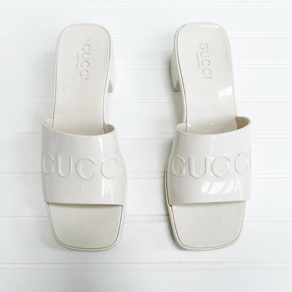Gucci Rubber Logo Sandals Plastique White PVC Glossy Mule Platform Slide 39 - Picture 9 of 9